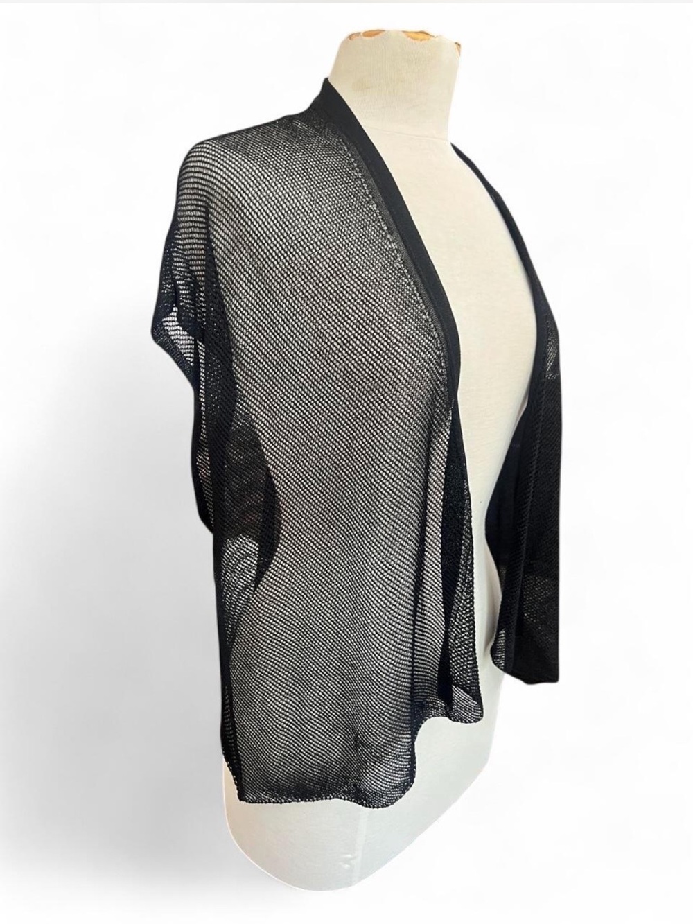 Eileen Fisher Black Crinkle Rayon Mini Mesh Cardigan Vest Size M